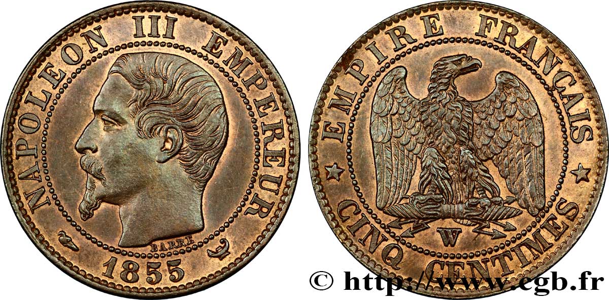 Cinq centimes Napoléon III, tête nue 1855 Lille F.116/28 EBC60 