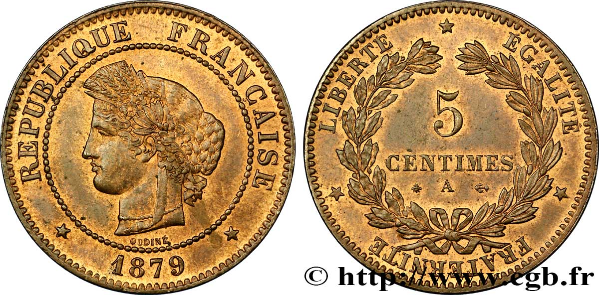 5 centimes Cérès, ancre barrée 1879 Paris F.118/20 SUP60 