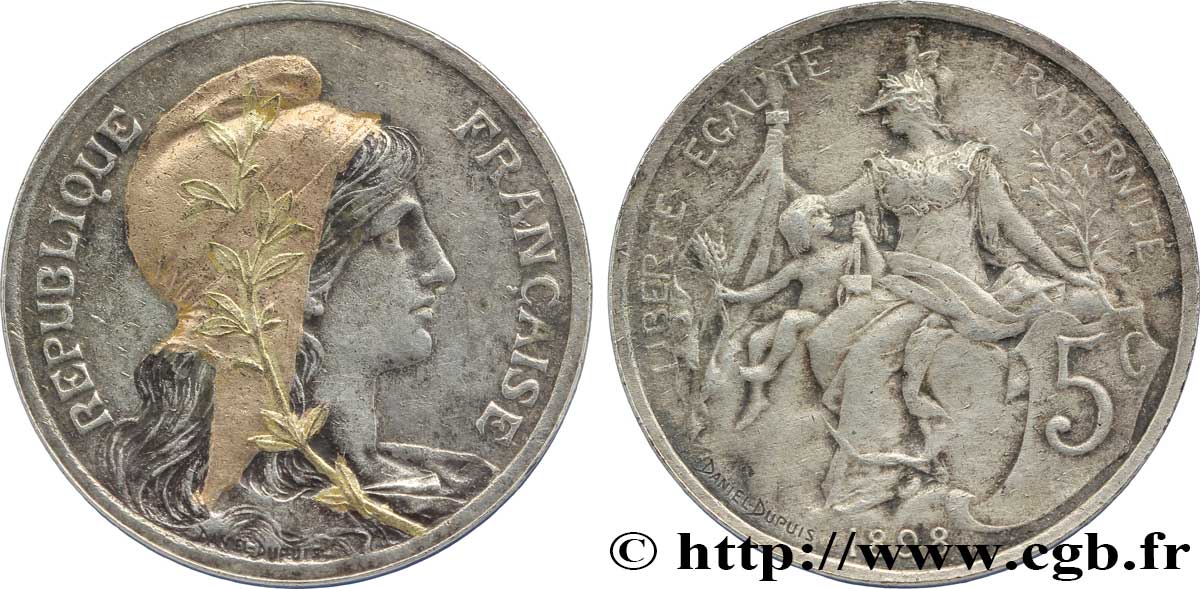 5 centimes Daniel-Dupuis, doré et argenté 1898  F.119/5 var. EBC60 