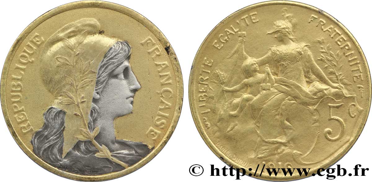 5 centimes Daniel-Dupuis, doré et argenté 1916  F.119/28 var. MS60 