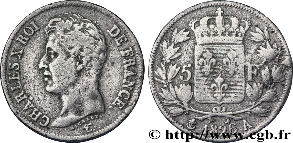 Faux de 5 francs Charles X, 1er type 1826 Paris F.310/15 var. VF25 