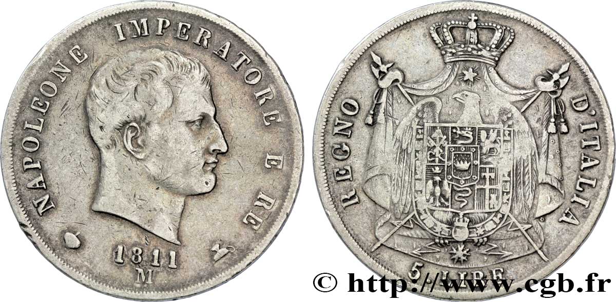 5 lire Napoléon Empereur et Roi d’Italie, 2ème type, tranche en creux 1811 Milan M.224  TB30 
