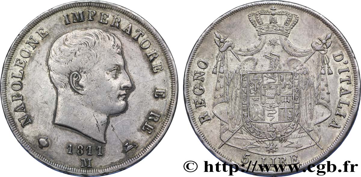 5 lire Napoléon Empereur et Roi d’Italie, 2ème type, tranche en creux 1811 Milan M.224  TTB48 