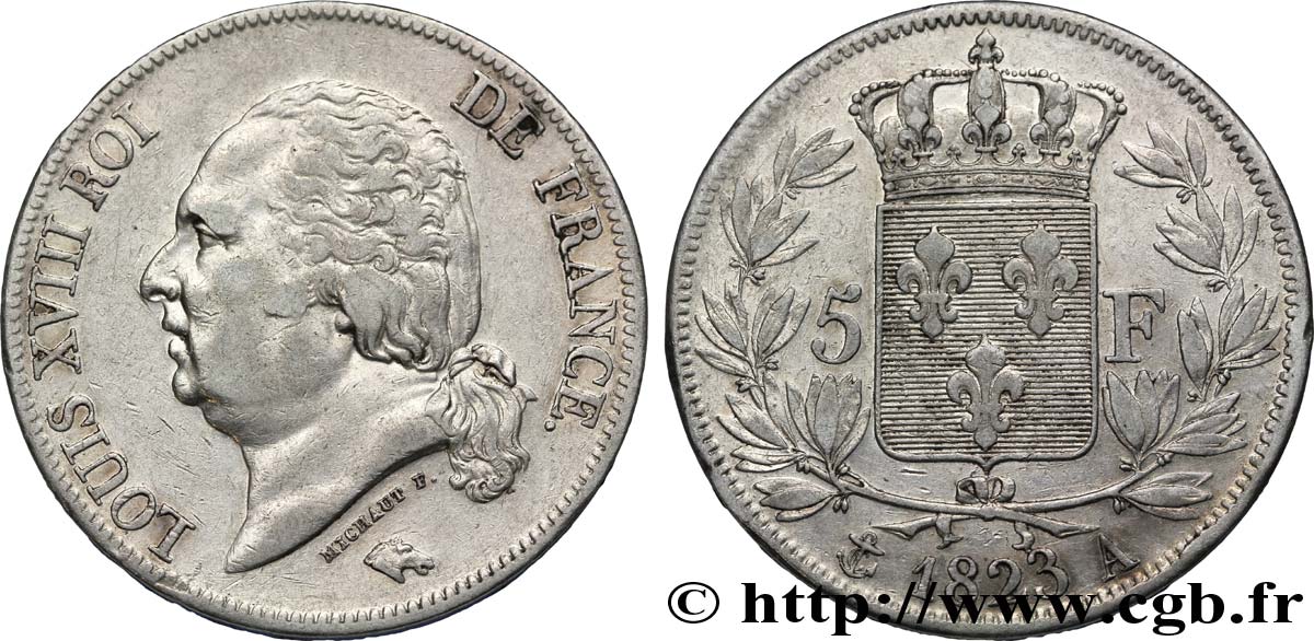 5 francs Louis XVIII, tête nue 1823 Paris F.309/76 TTB45 