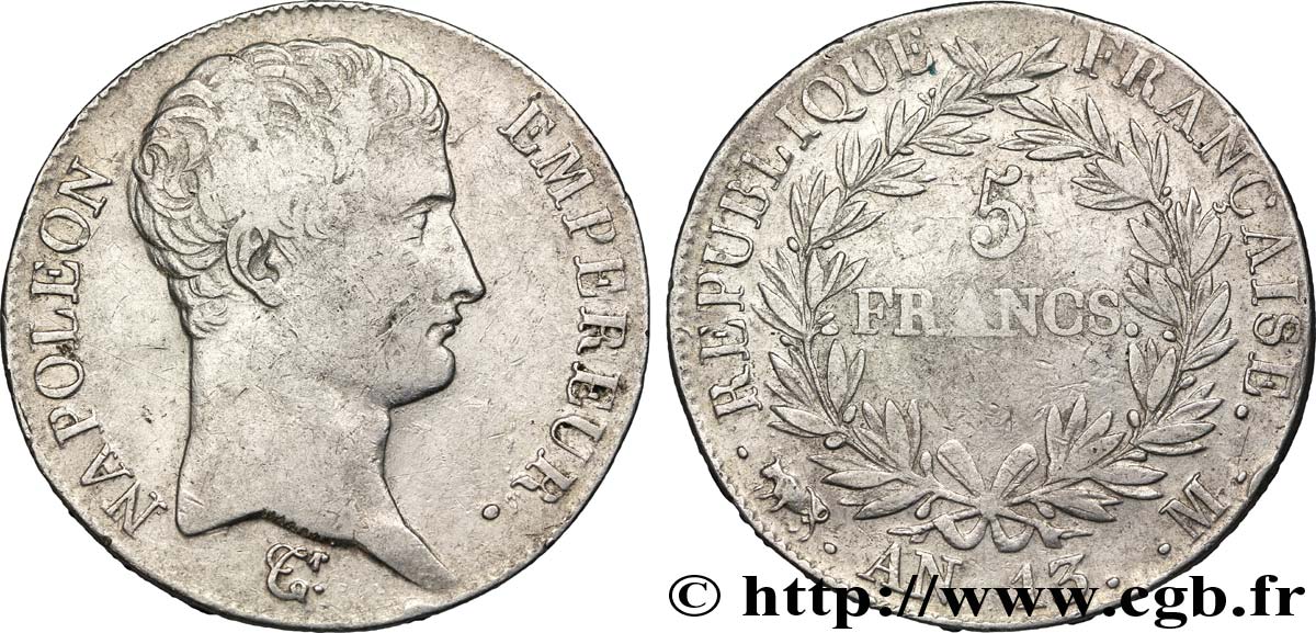 5 francs Napoléon Empereur, Calendrier révolutionnaire 1805 Toulouse F.303/13 TB23 
