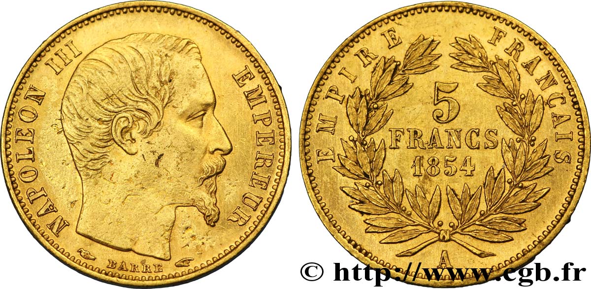 5 francs or Napoléon III, tête nue, petit module, tranche lisse 1854 Paris F.500/1 AU50 