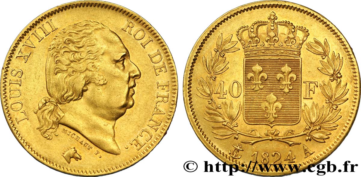 40 francs or Louis XVIII 1824 Paris F.542/14 SS48 