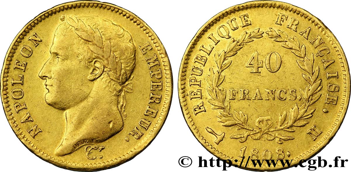 40 francs or Napoléon Ier tête laurée, République française 1808 Toulouse F.540/4 MBC50 