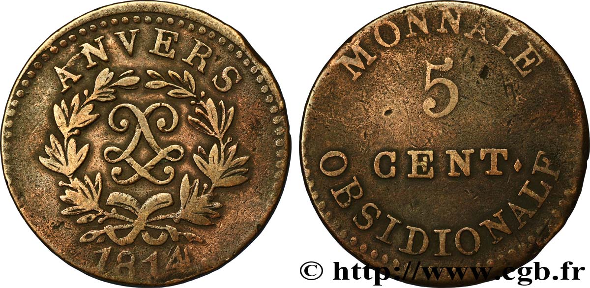 5 cent. Anvers au double L, frappe de l’arsenal de la marine 1814  Anvers F.115E/1 TB20 