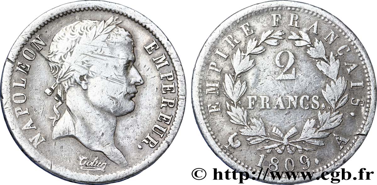 2 francs Napoléon Ier tête laurée, Empire français 1809 Paris F.255/1 S28 