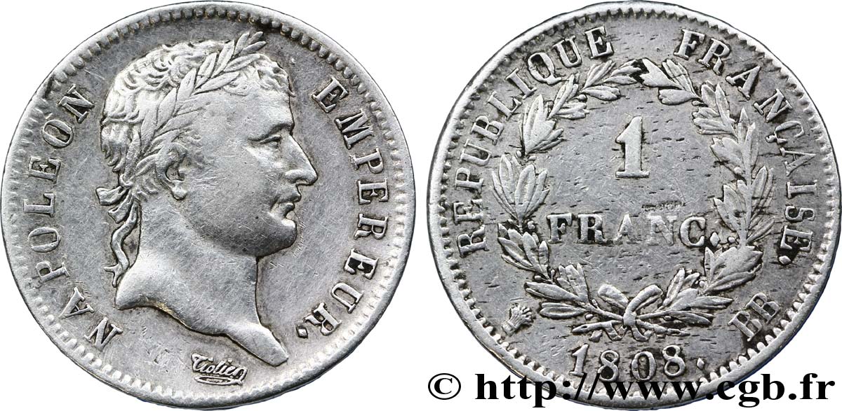 1 franc Napoléon Ier tête laurée, République française 1808 Strasbourg F.204/4 SS42 