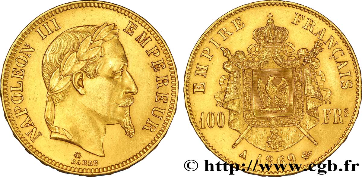 100 francs or Napoléon III, tête laurée 1869 Paris F.551/12 SS52 