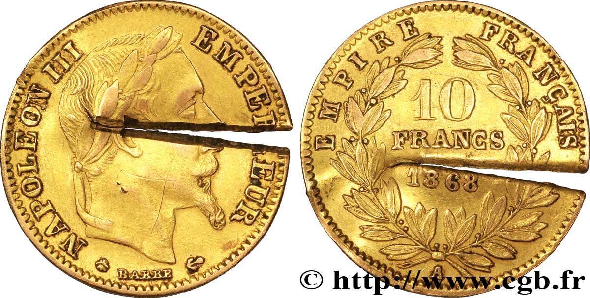 Faux de 10 francs or Napoléon III, tête laurée 1868 Paris F.507A/17 var. TTB50 