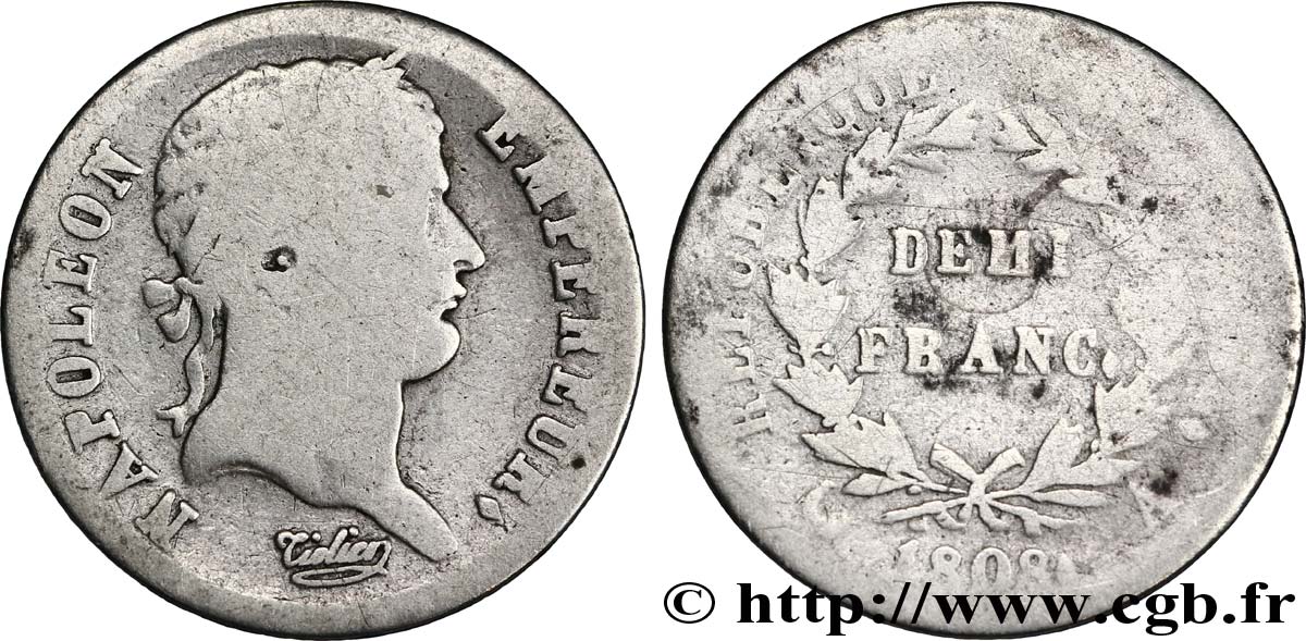 Demi-franc Napoléon Ier tête laurée, République française 1808 Paris F./ B8 