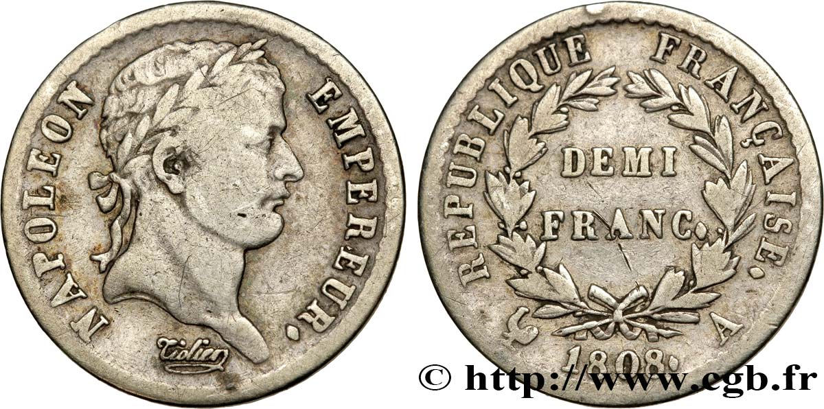 Demi-franc Napoléon Ier tête laurée, République française 1808 Paris F./ TB25 
