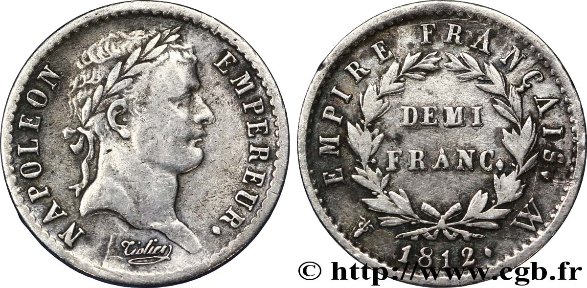 Demi-franc Napoléon Ier tête laurée, Empire français 1812 Lille F.178/48 TTB45 
