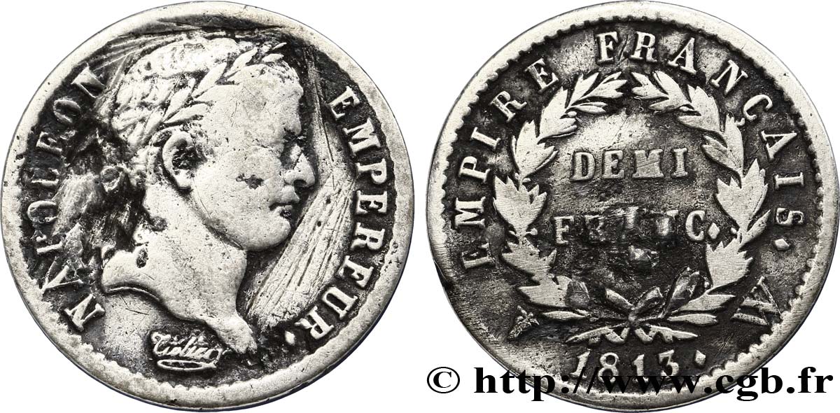 Demi-franc Napoléon Ier tête laurée, Empire français 1813 Lille F.178/62 VF20 