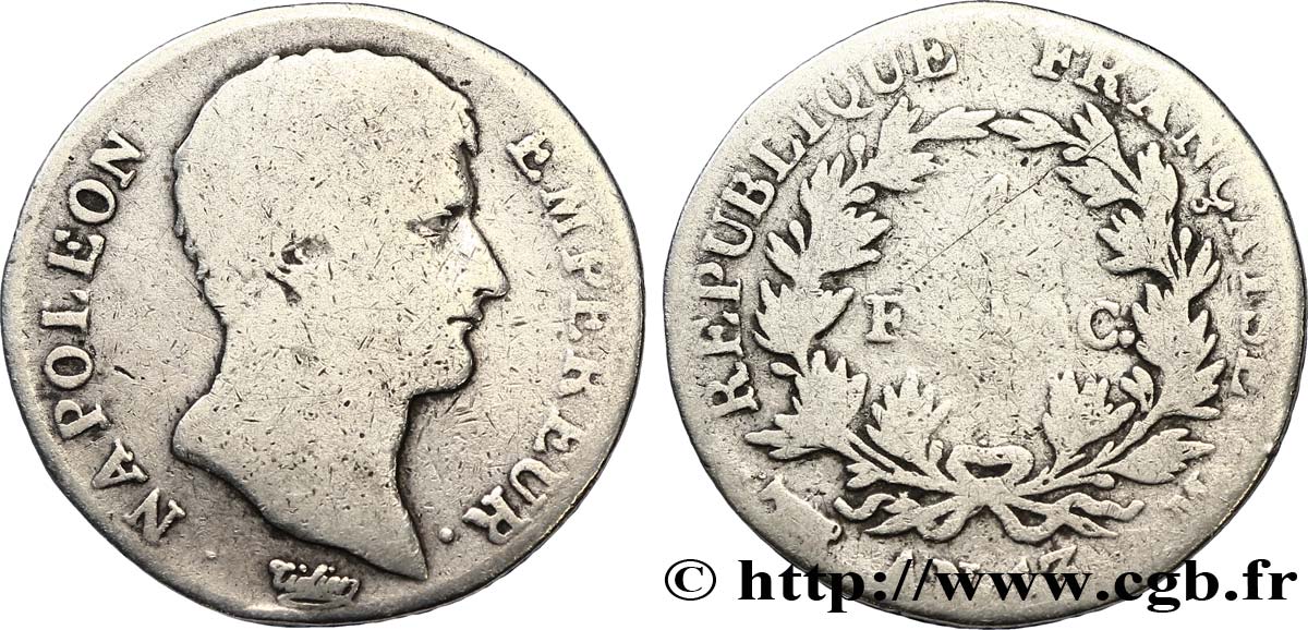 1 franc Napoléon Empereur, Calendrier révolutionnaire 1805 Toulouse F.201/23 VG8 