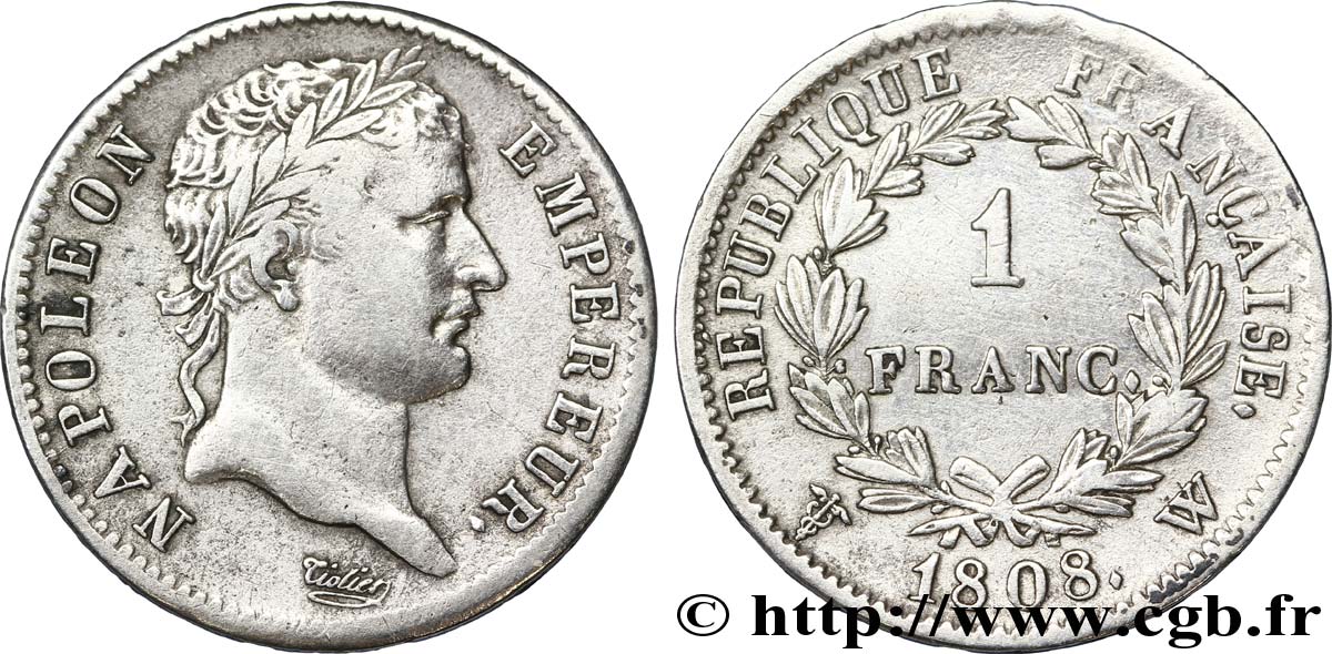 1 franc Napoléon Ier tête laurée, République française 1808 Lille F.204/15 MBC45 