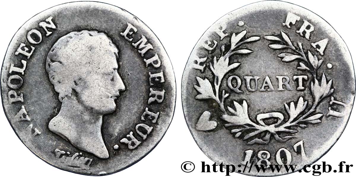 Quart (de franc) Napoléon Empereur, Calendrier grégorien 1807 Turin F.159/11 TB15 