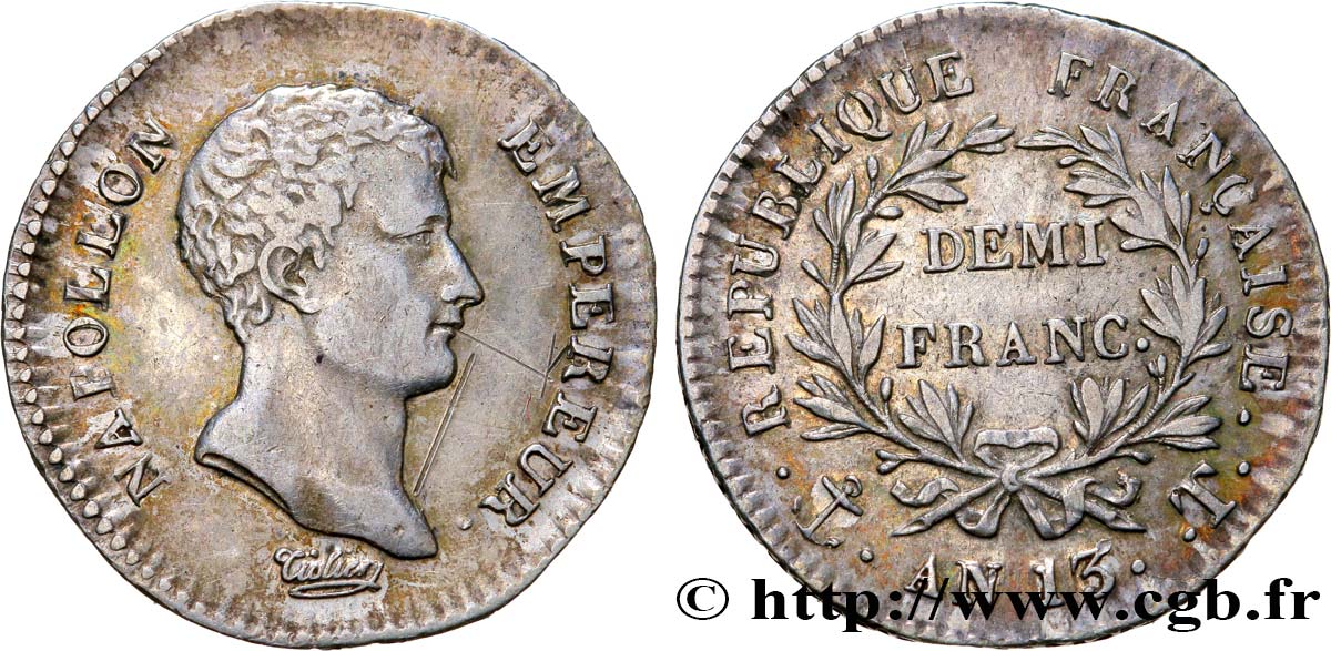 Demi-franc Napoléon Empereur, Calendrier révolutionnaire 1805 Nantes F.174/24 TTB48 