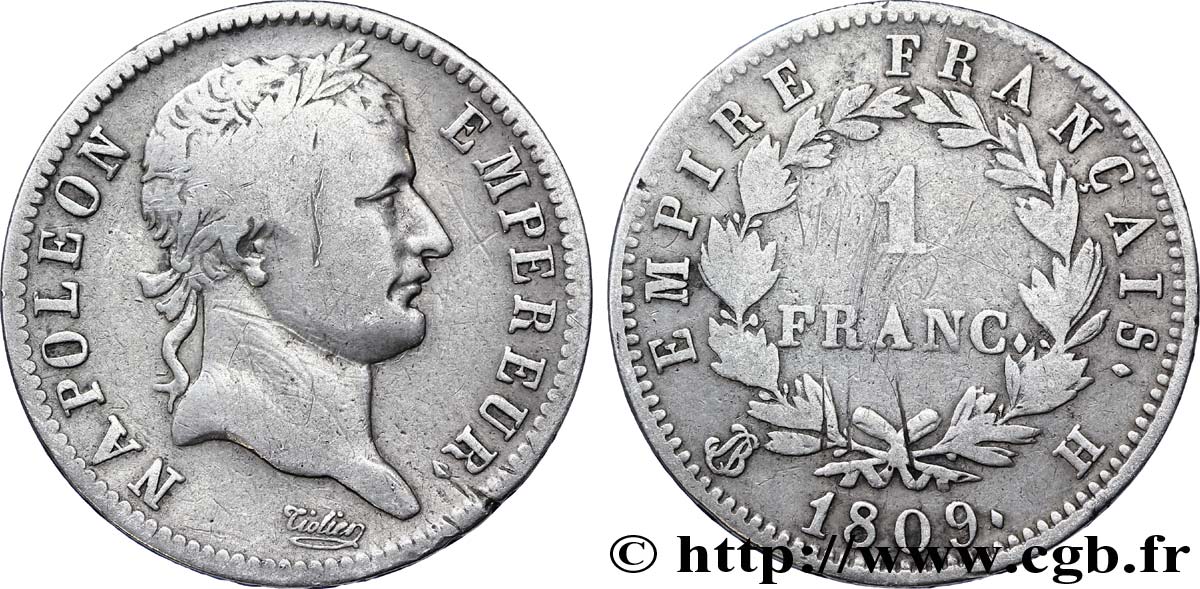 1 franc Napoléon Ier tête laurée, Empire français 1809 La Rochelle F.205/4 S20 