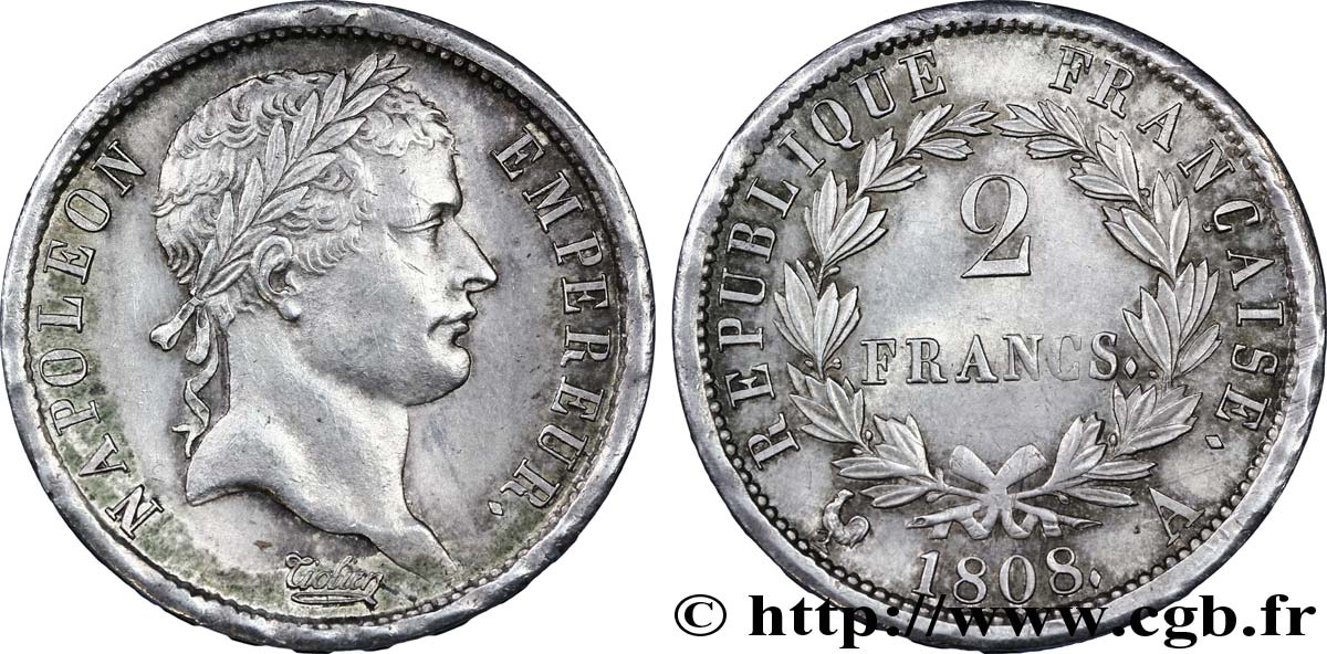 2 francs Napoléon Ier tête laurée, République française 1808 Paris F.254/4 AU58 