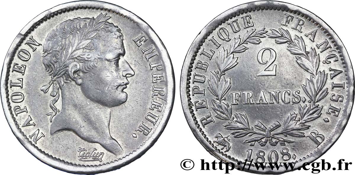 2 francs Napoléon Ier tête laurée, République française 1808 Rouen F.254/5 BB45 