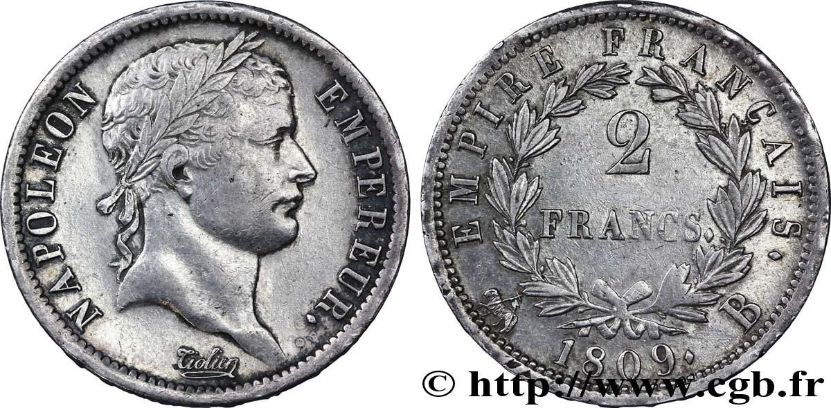 2 francs Napoléon Ier tête laurée, Empire français 1809 Rouen F.255/2 MBC52 