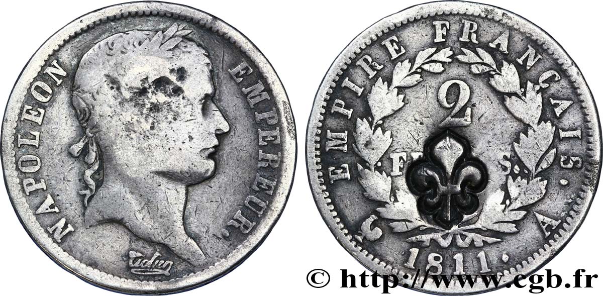 2 francs Napoléon Ier tête laurée, Empire français, contremarqué d’une fleur de lys 1811 Paris F.255/24 var. SGE12 