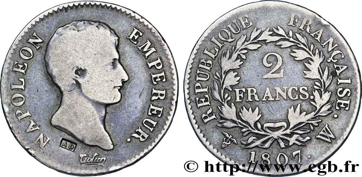2 francs Napoléon Empereur, Calendrier grégorien 1807 Lille F.252/16 var. B12 