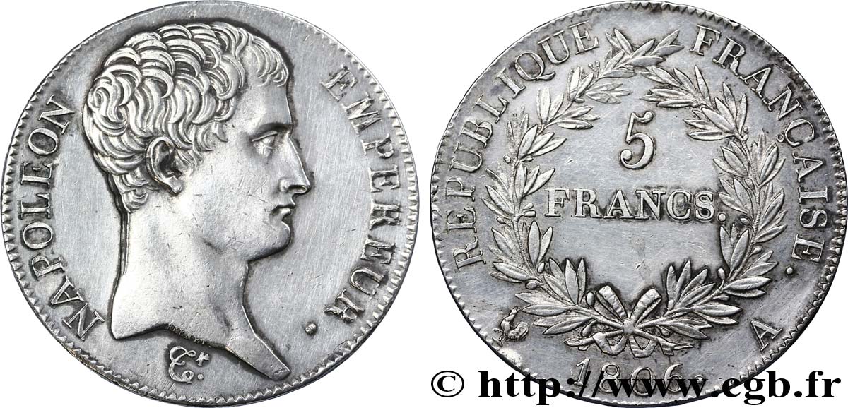 5 francs Napoléon Empereur, Calendrier grégorien 1806 Paris F.304/1 SUP60 