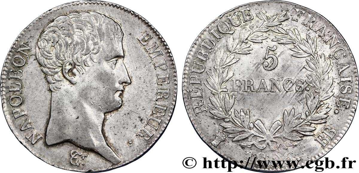 5 francs Napoléon Empereur, Calendrier grégorien 1806 Strasbourg F.304/3 EBC55 