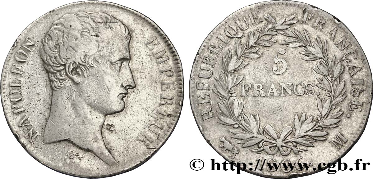5 francs Napoléon Empereur, Calendrier grégorien 1806 Toulouse F.304/8 VF28 