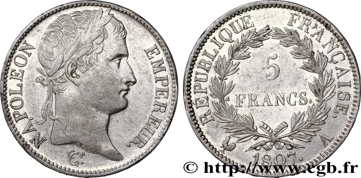 5 francs Napoléon Empereur, République française 1807 Paris F.306/1 SUP58 