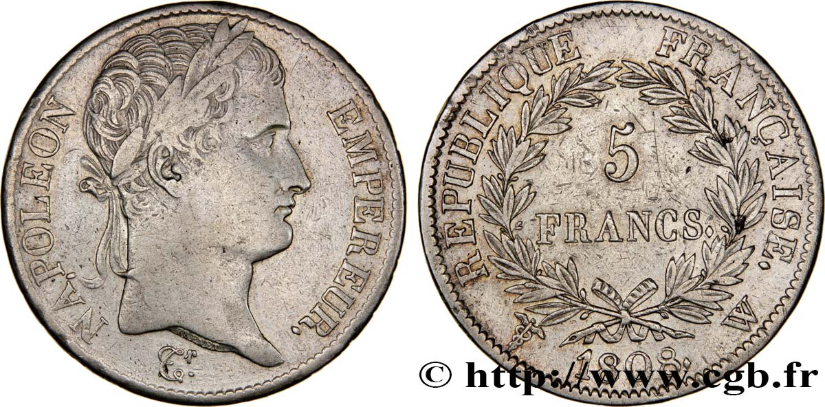 5 francs Napoléon Empereur, République française 1808 Lille F.306/15 MB30 