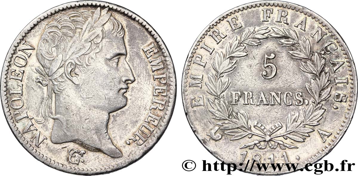5 francs Napoléon Empereur, Empire français, frappe médaille 1811 Paris F.307/27 var. TTB48 