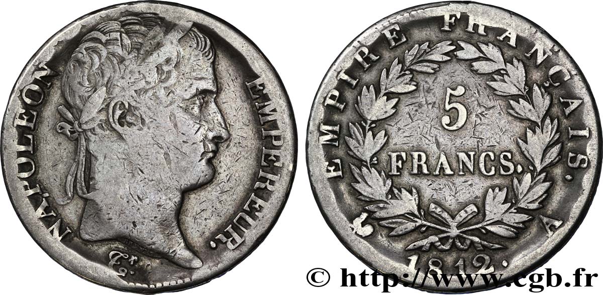 5 francs Napoléon Empereur, Empire français 1812 Paris F.307/41 var. VF20 