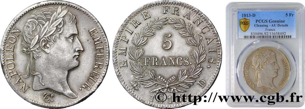 5 francs Napoléon Empereur, Empire français 1813 Lyon F.307/62 AU PCGS