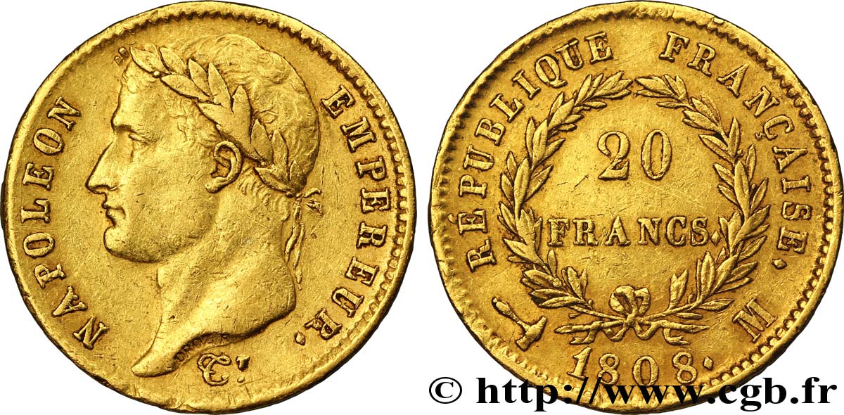 20 francs or Napoléon tête laurée, République française 1808 Toulouse F.515/4 XF45 