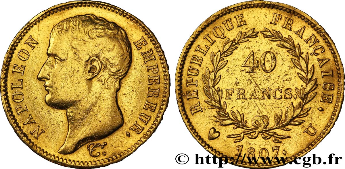 40 francs or Napoléon tête nue, type transitoire 1807 Turin F.539/4 TTB45 