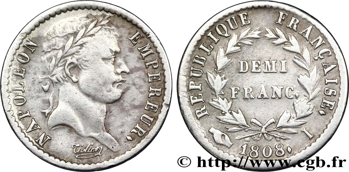 Demi-franc Napoléon Ier tête laurée, République française 1808 Limoges F.177/8 MBC48 