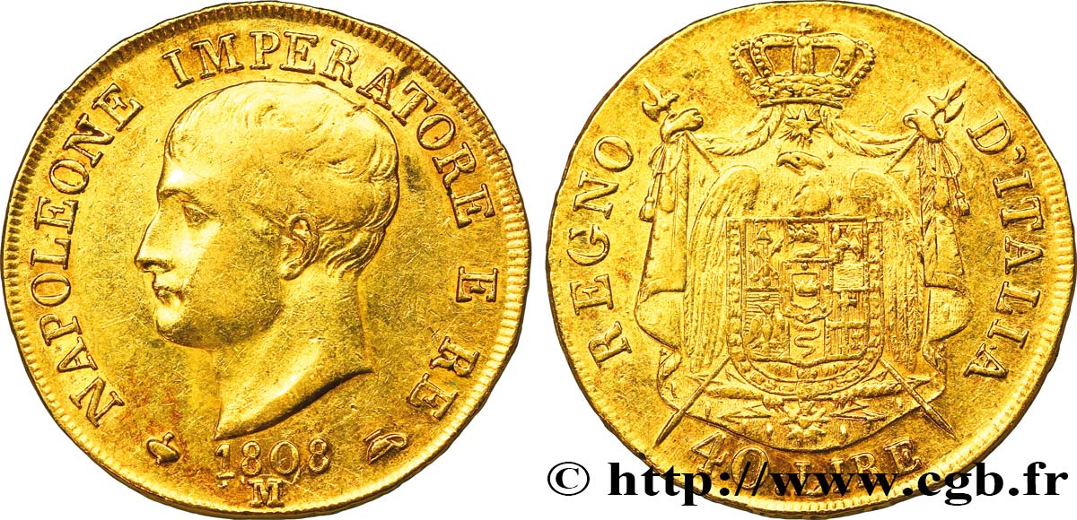 40 lire or Napoléon Empereur et Roi d’Italie, 1er type, tranche en relief 1808 Milan VG.1311  TTB48 