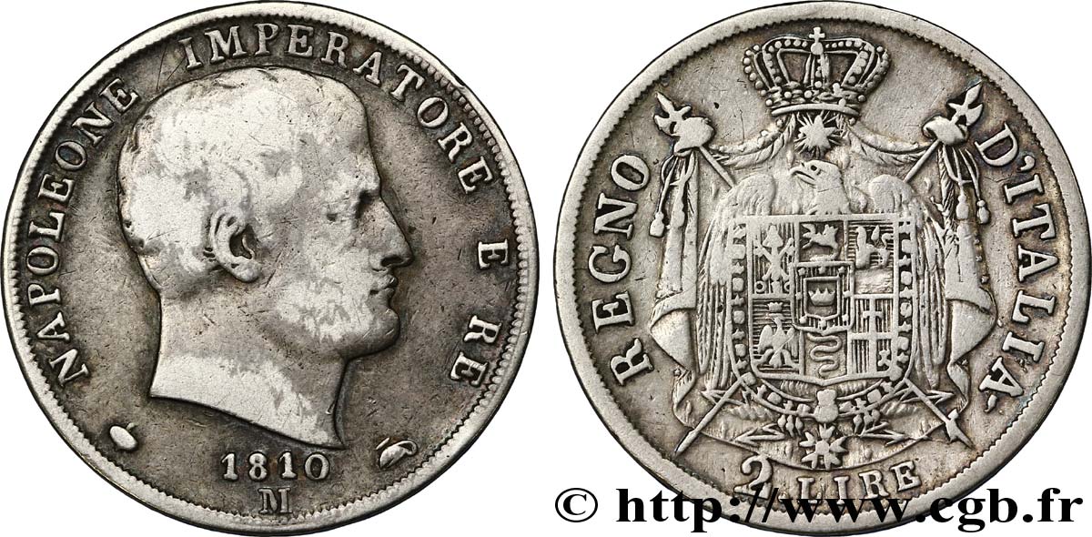 2 lire Napoléon Empereur et Roi d’Italie 1810 Milan M.239  TB30 