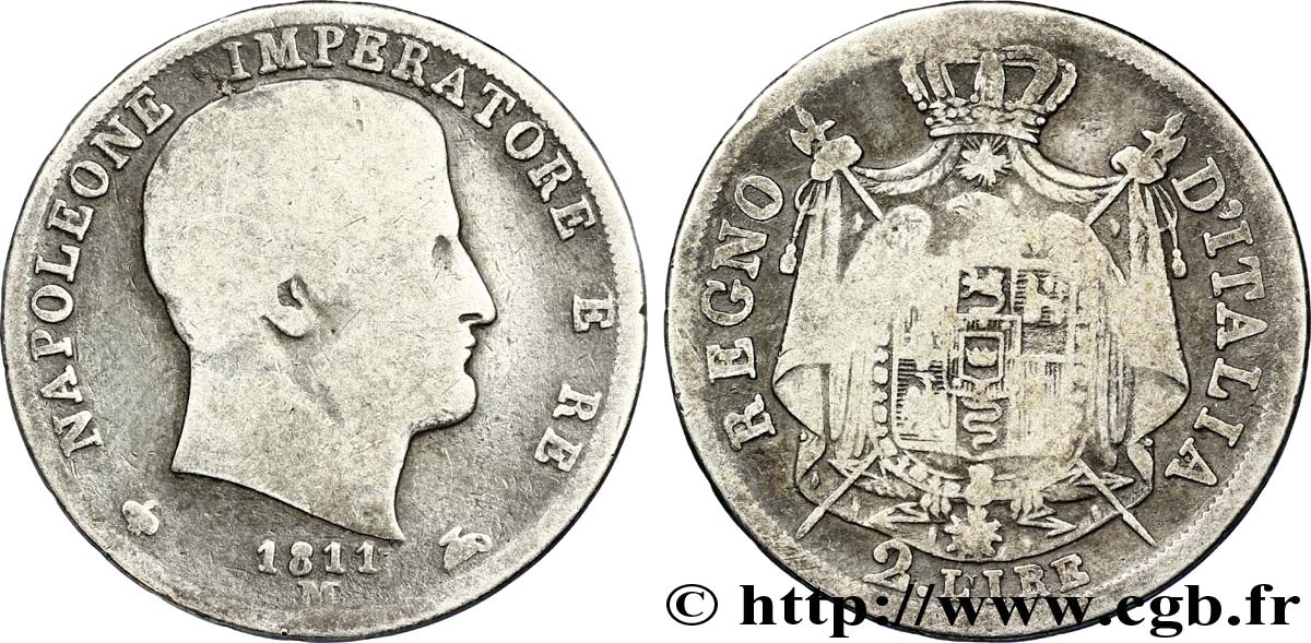2 lire Napoléon Empereur et Roi d’Italie 1811 Milan M.241  TB15 