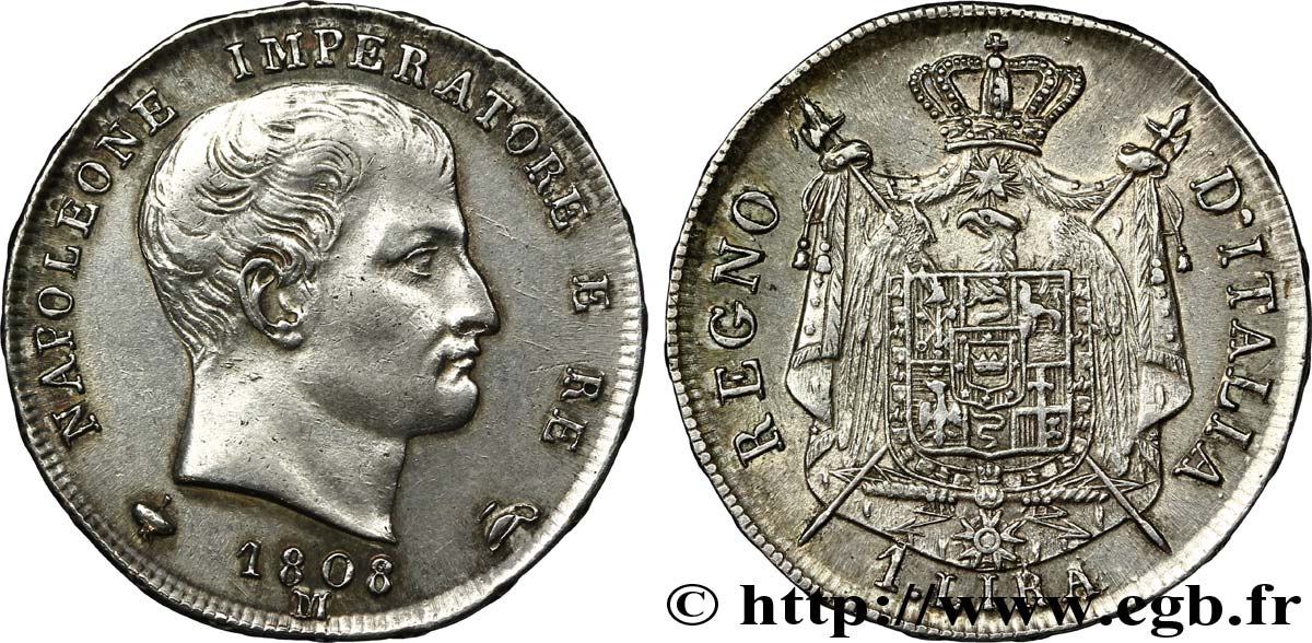 1 lira Napoléon Empereur et Roi d’Italie 1808 Milan M.251  AU58 