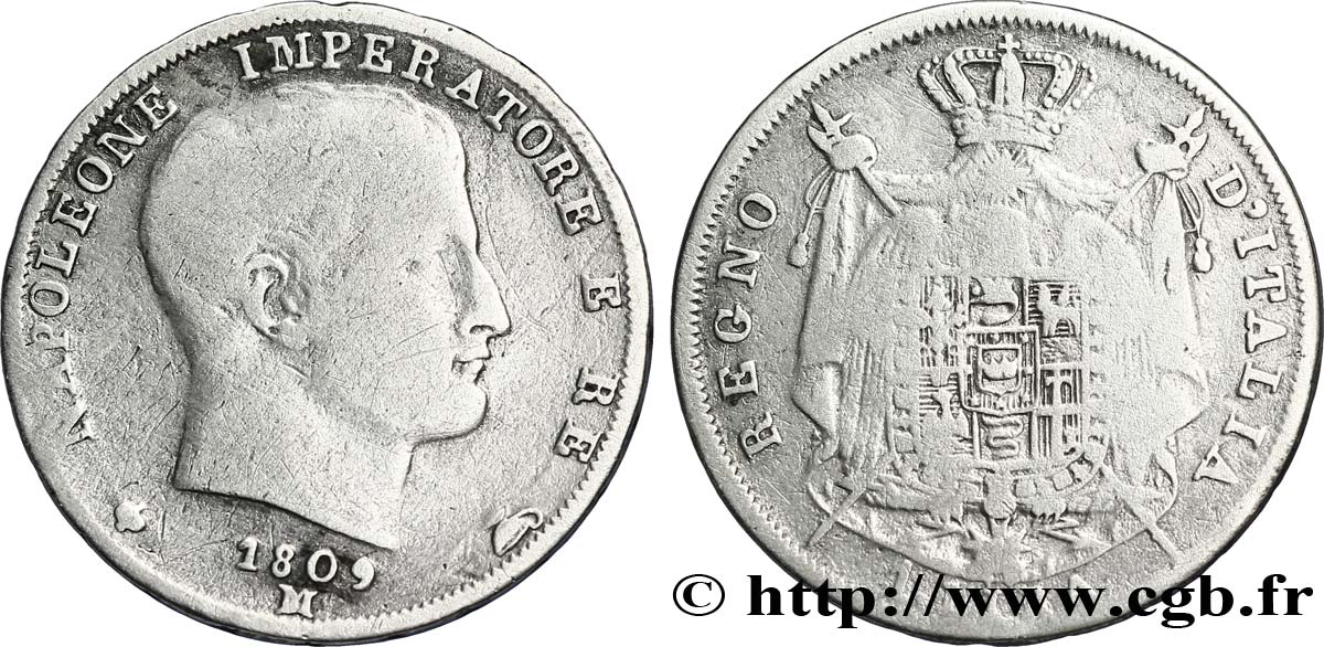 1 lira Napoléon Empereur et Roi d’Italie, étoiles en relief sur la tranche 1809 Milan M.254  RC10 