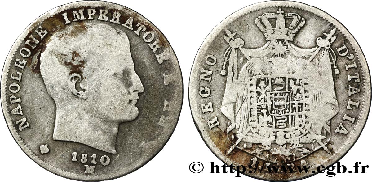 1 lira Napoléon Empereur et Roi d’Italie, étoiles en creux sur la tranche 1810 Milan M.255  MB18 