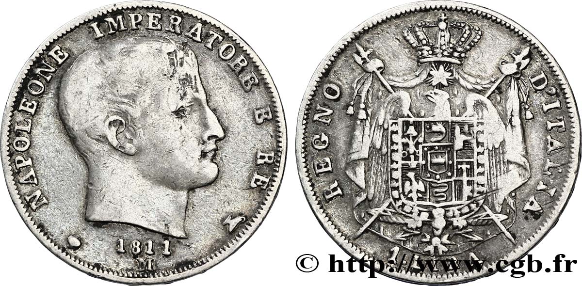 1 lira Napoléon Empereur et Roi d’Italie, étoiles en creux sur la tranche 1811 Milan M.258  VF35 