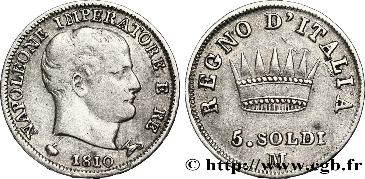 5 soldi Napoléon Empereur et Roi d’Italie 1810 Milan M.280  TTB48 